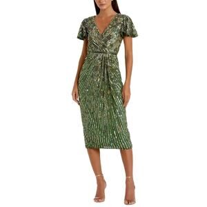 Mac Duggal 5582 Green Cocktail Dress Sequined Short Sleeve Midi Sheath Size 6